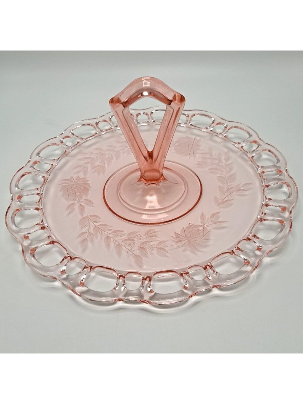 Pink Glass Serving Tray With Lace Edge & Etched Floral Design Vintage